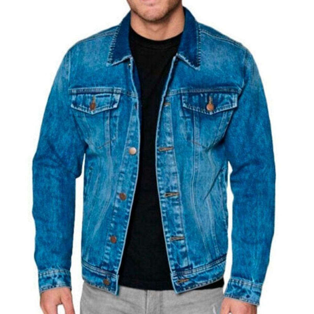 Mens Premium Cotton Faded Denim Jean Button Up Slim Fit Jacket Medium Blue